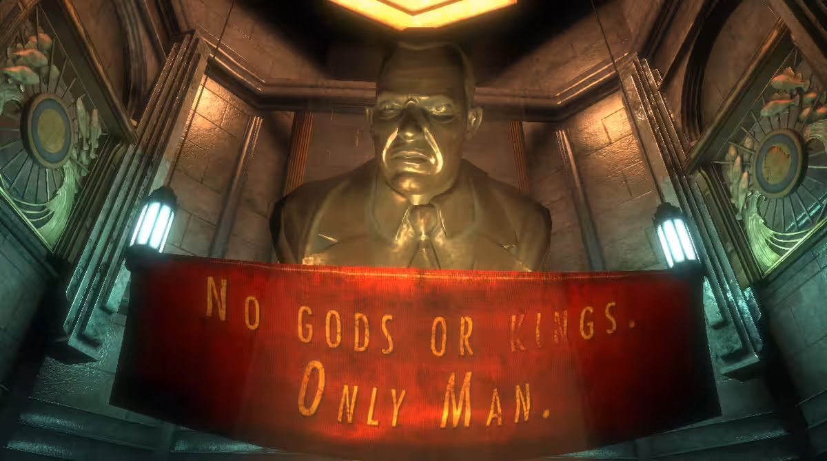 Statue of Andrew Ryan with text reading 'No gods or kings. Only man'