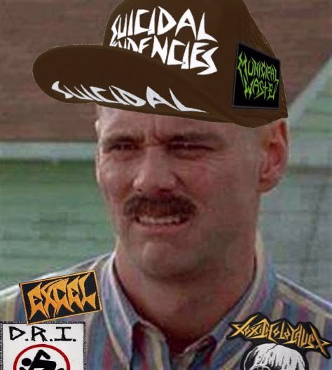 Jim Carrey as Charlie in 'Me, Myself & Irene' doing a disgusting face. Edited in the image a Suicidal Tendencies hat, and patches of the bands Municipal Waste, Excel, D.R.I. and Toxic Holocaust